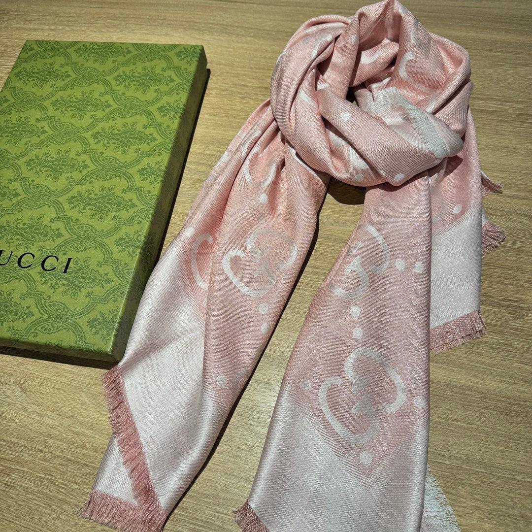 GUCCI JACQUARD SILK WOOL SHAWL 140 CM LIGHT PINK 401260